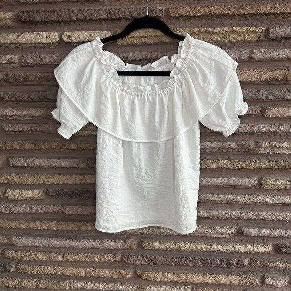 Active USA White Peasant Top With Ruffle Collar Puffed Sleeves Size Small - Picture 2 of 6